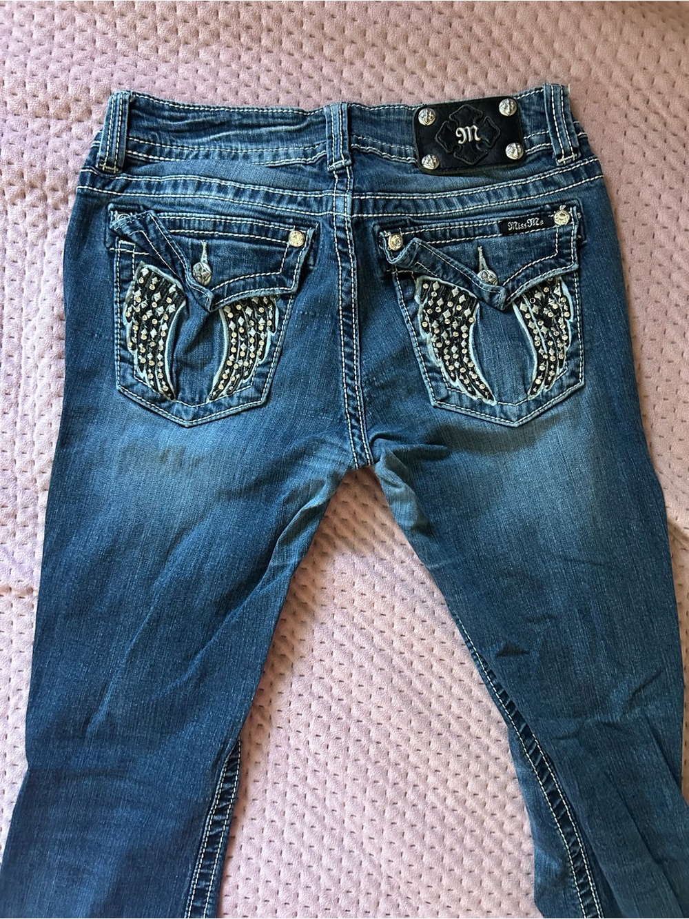 Miss Me Womens Dark Blue Rhinestone Wing Pocket Skinny Jeans